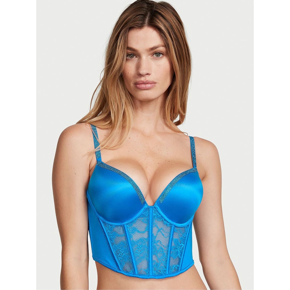 Victoria's Secret Corset Longline Bra Womens 34D Blue Bombshell Lace Rhinestone